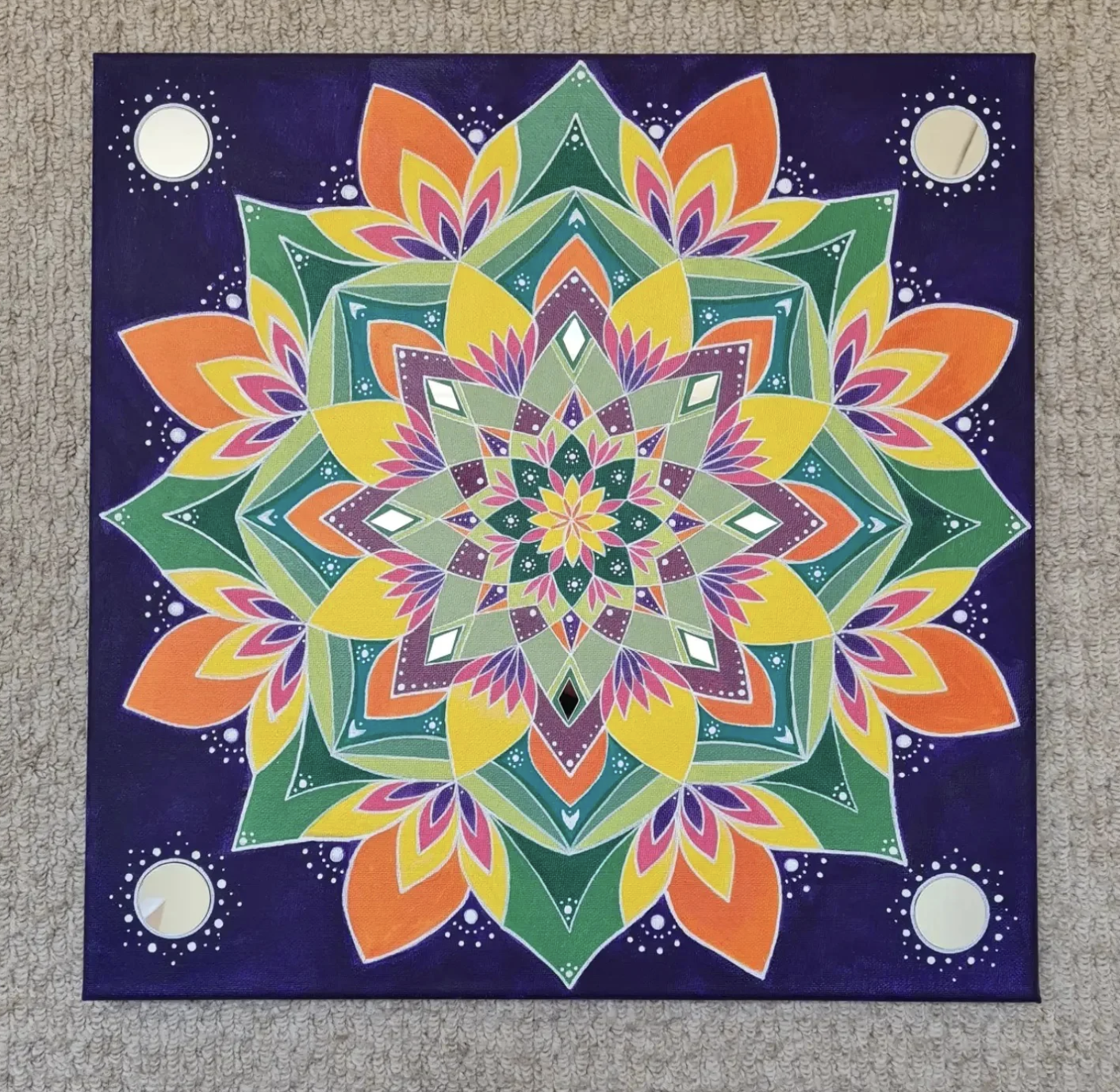 Celestial Bloom – 40cm Sacred Mandala Canvas with Mirror Accents